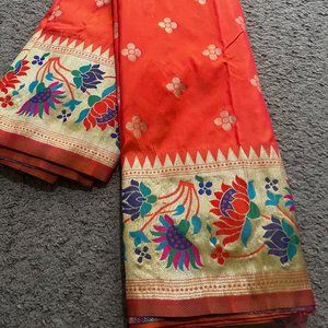 Wedding wear Orange dual tone Paithani Silk Saree with beautiful lotus border